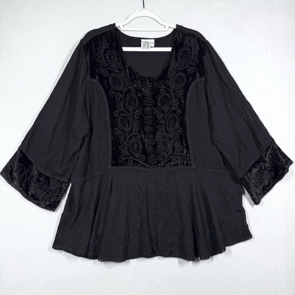 Parsley and Sage Top 2X Black Velvet Embroidered Tunic Boho Fairy Whimsigoth